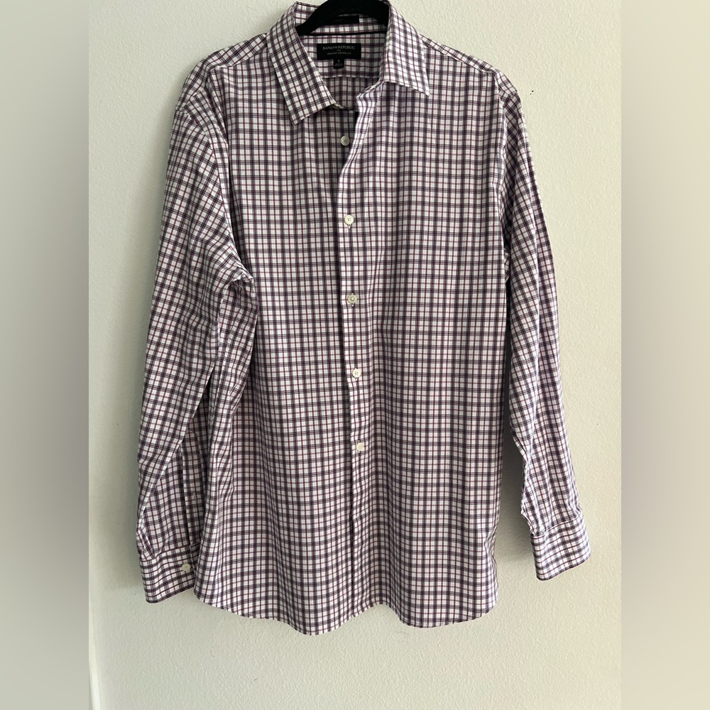 Banana Republic Men's Plaid Shirt - Purple and White
